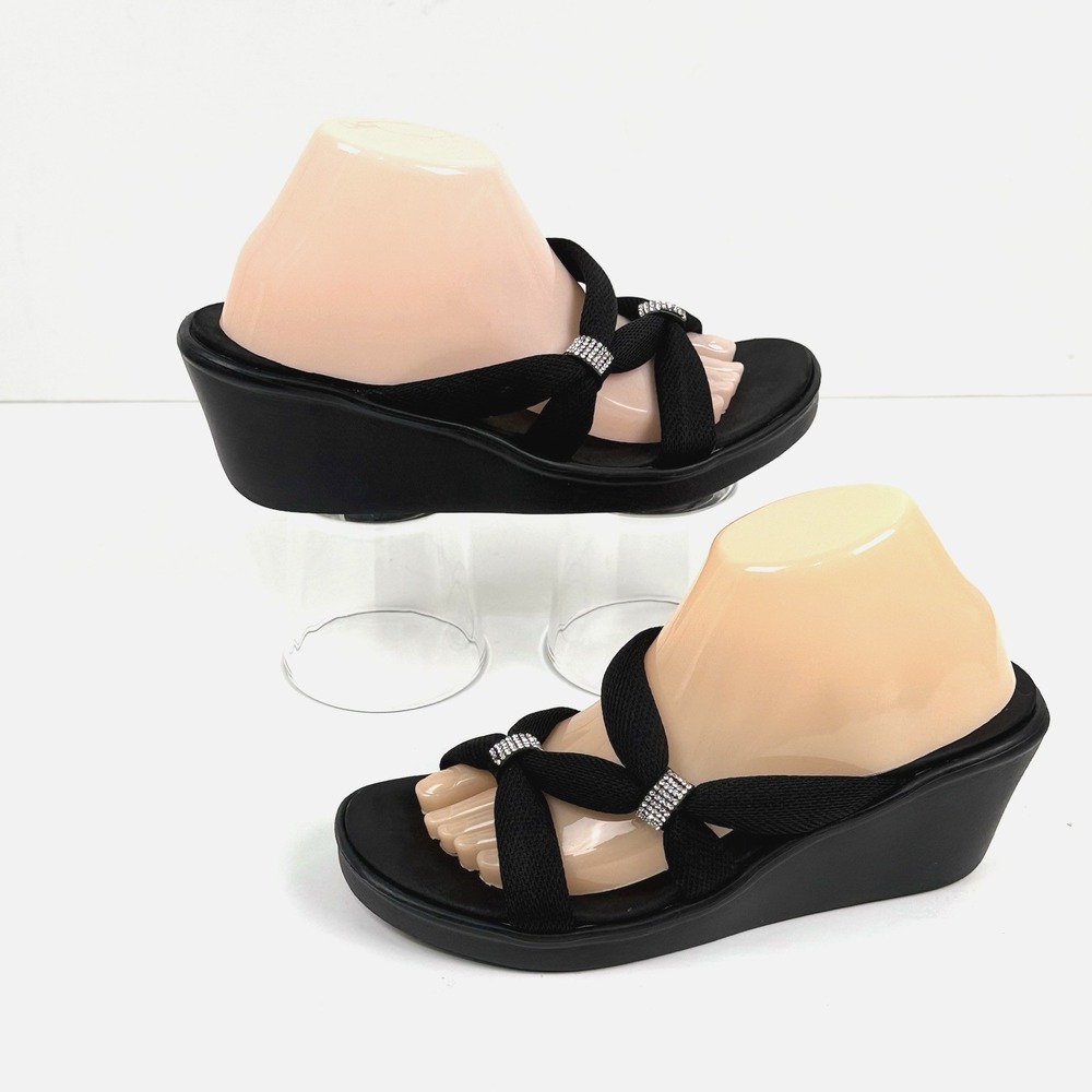 Skechers Cali Rumbler Rhinestone Wedge Slide Sandal Shoe US 10 Black Luxe Foam